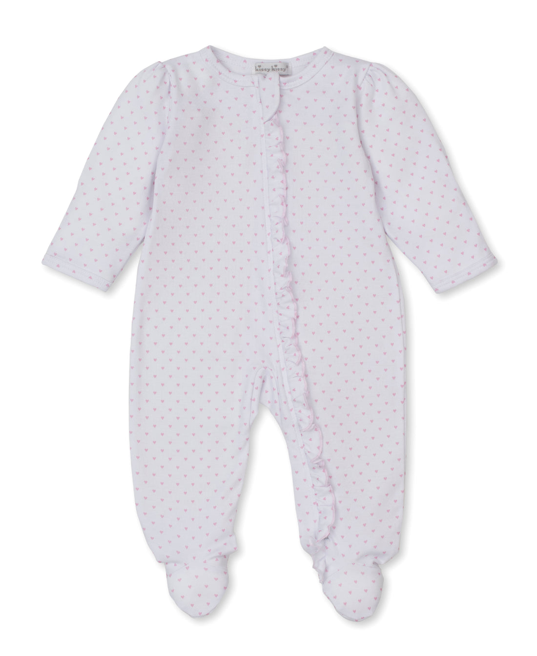Teddy Bear Love Ruffle Zipper Footie: Light Pink Hearts
