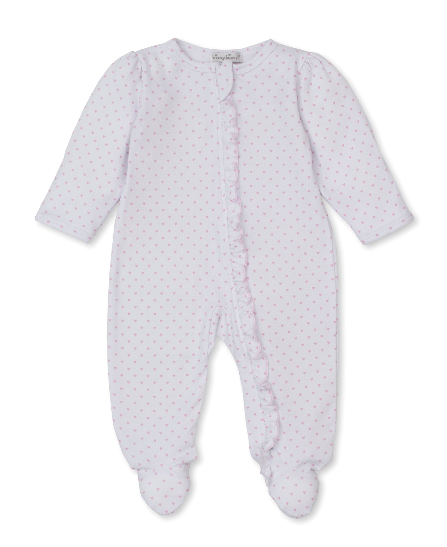 Teddy Bear Love Ruffle Zipper Footie: Light Pink Hearts