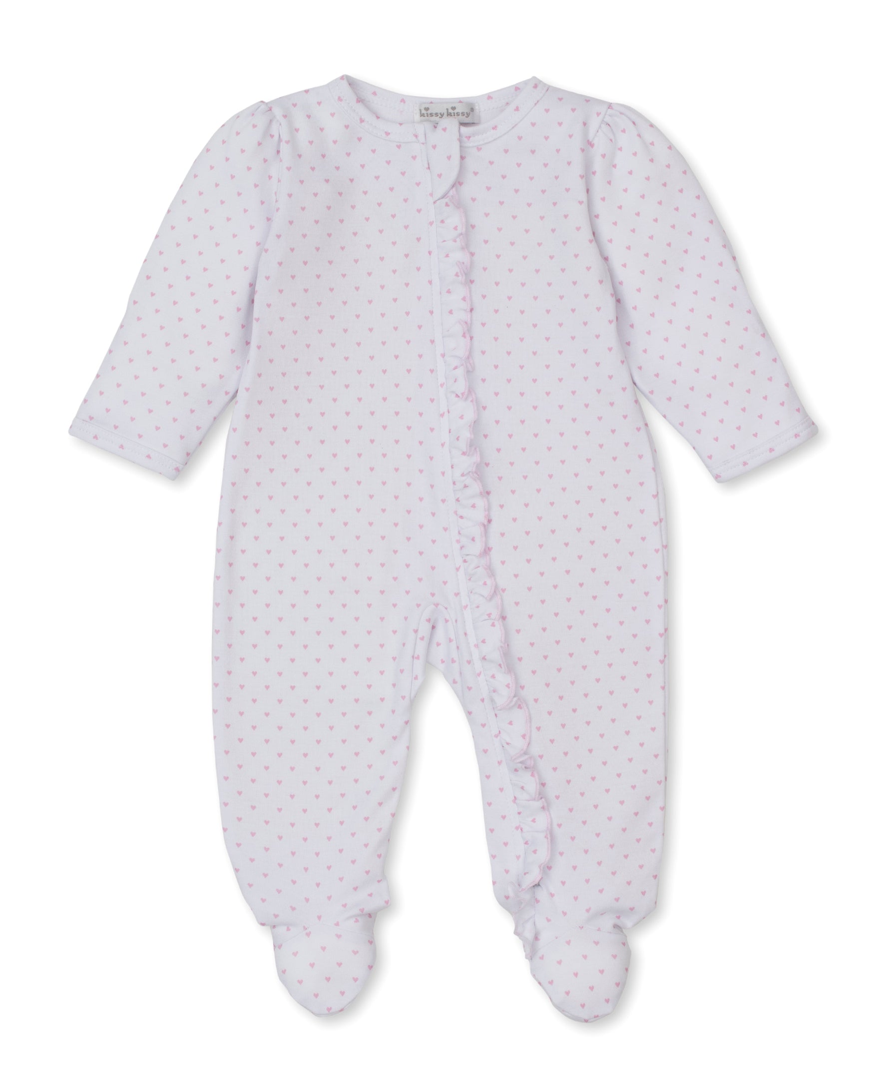 Teddy Bear Love Ruffle Zipper Footie: Light Pink Hearts