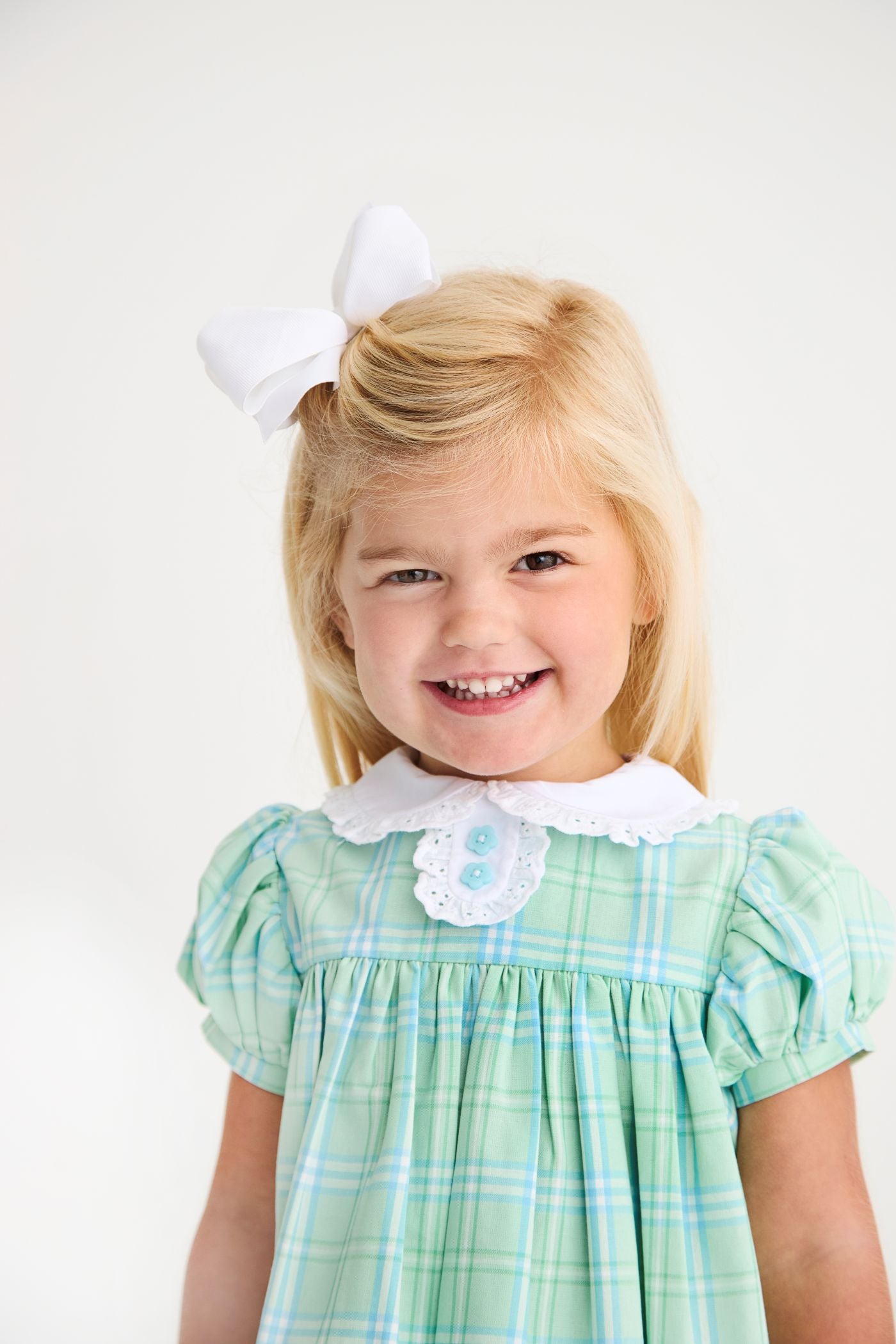 Mary Dal Dress: Pelham Bay Plaid (Green) / Worth Ave White