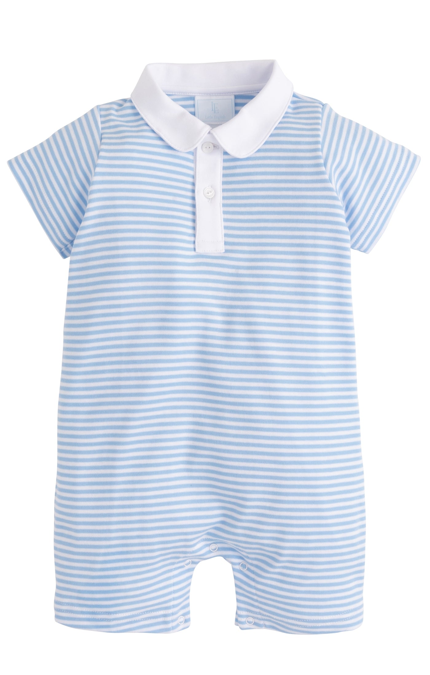 Peter Pan Polo Romper: Light Blue Stripe