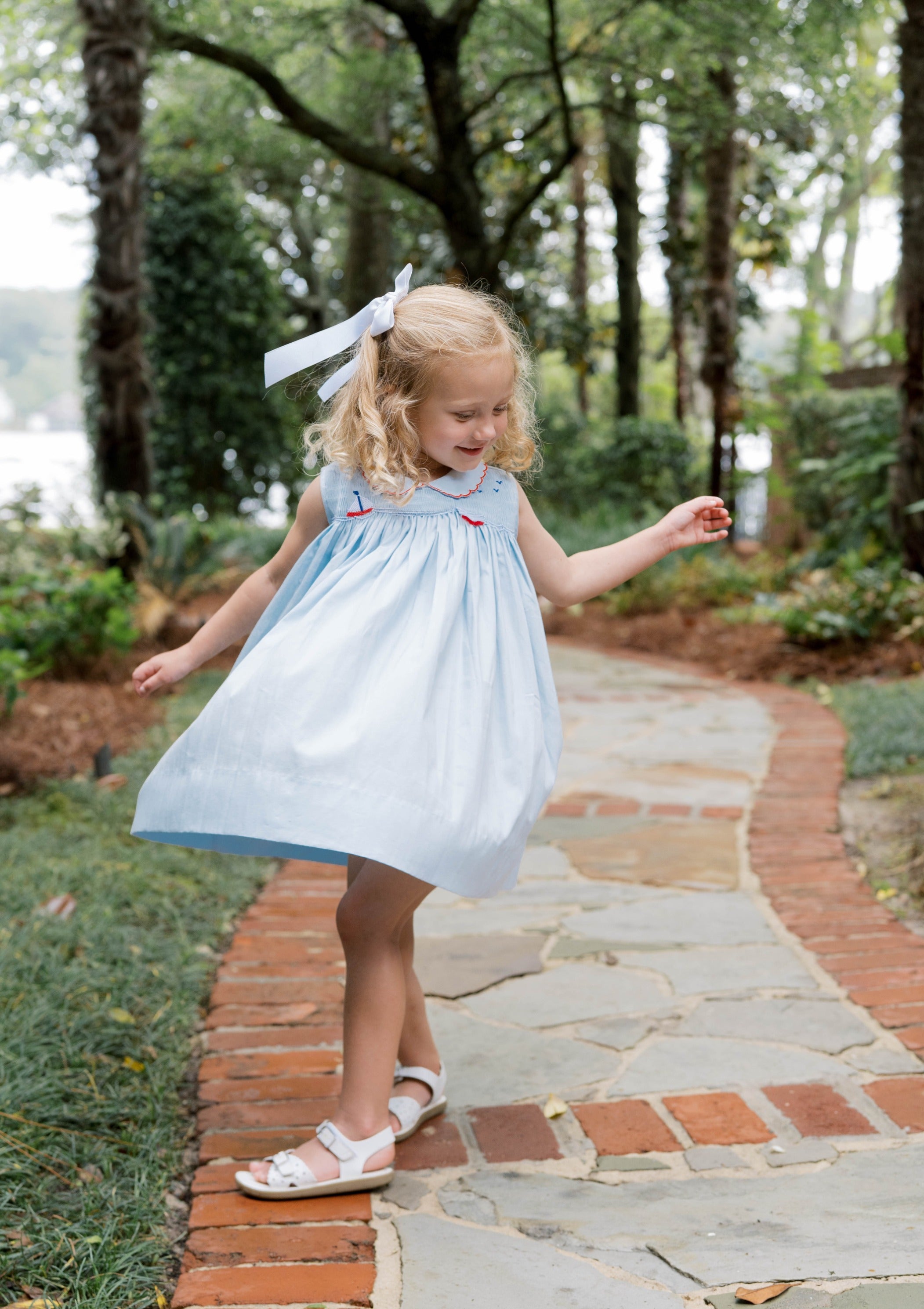 Ella Dress: Brentwood Blue with Sailboat Smocking