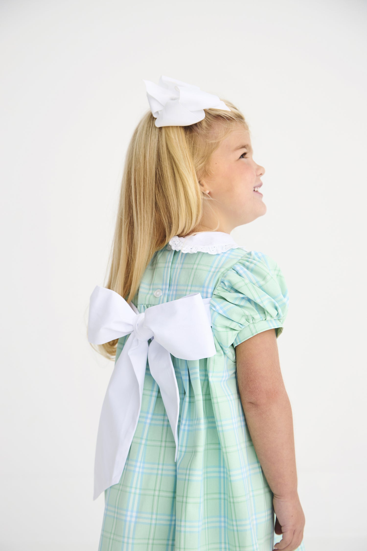 Mary Dal Dress: Pelham Bay Plaid (Green) / Worth Ave White