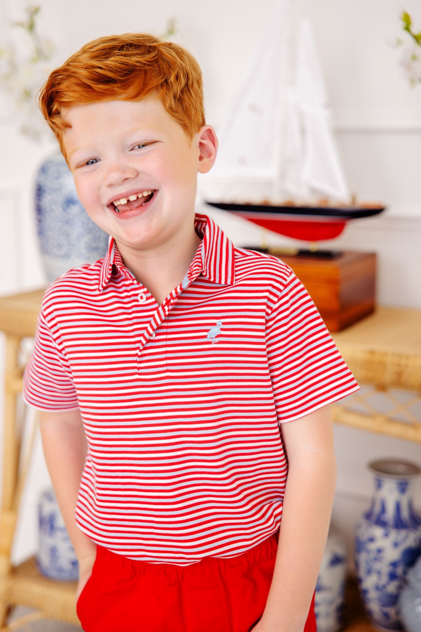 TBBC SS Prim And Proper Polo: Sumner County Stripe (Richmond Red)/Beale Street Blue
