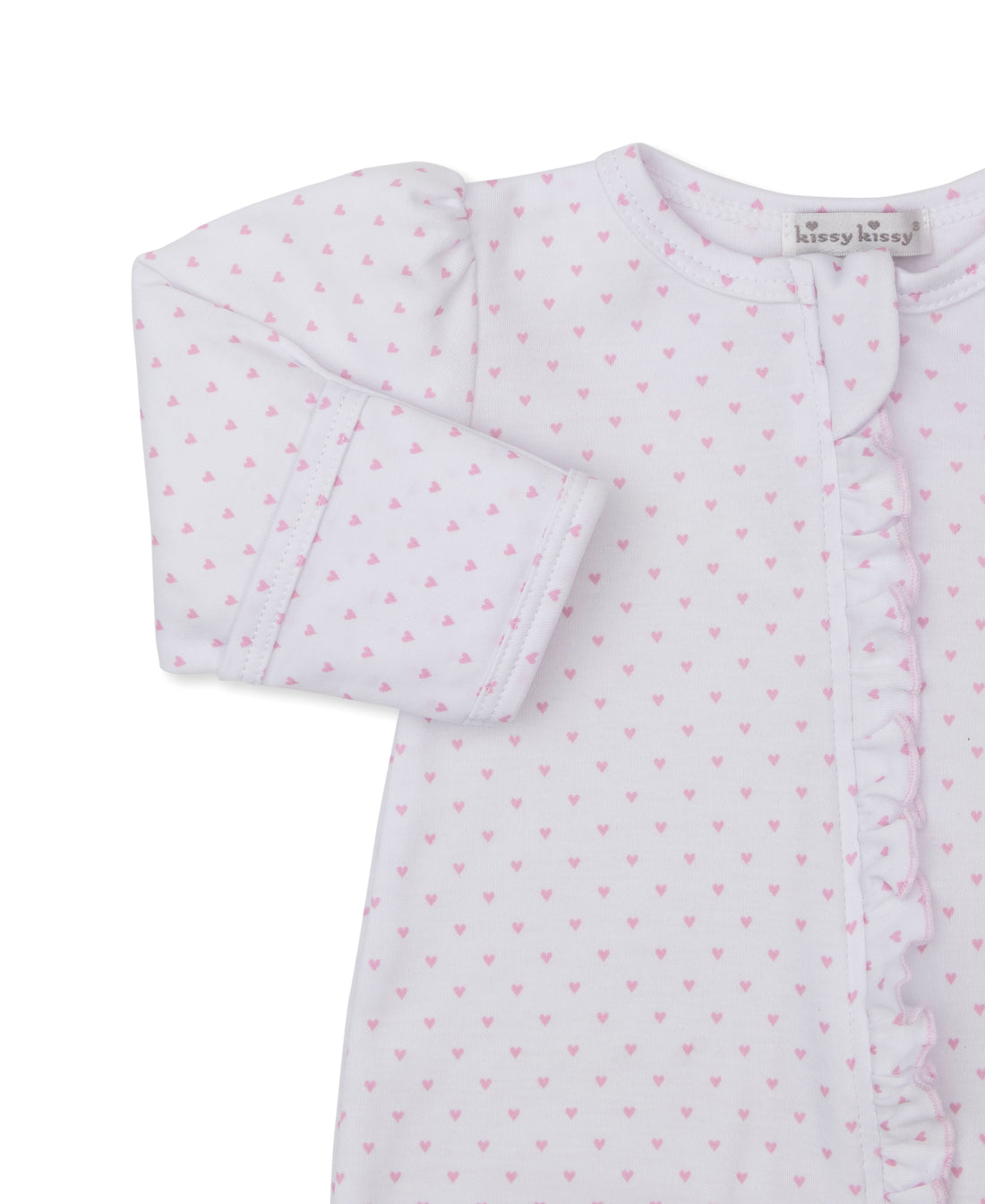 Teddy Bear Love Ruffle Zipper Footie: Light Pink Hearts
