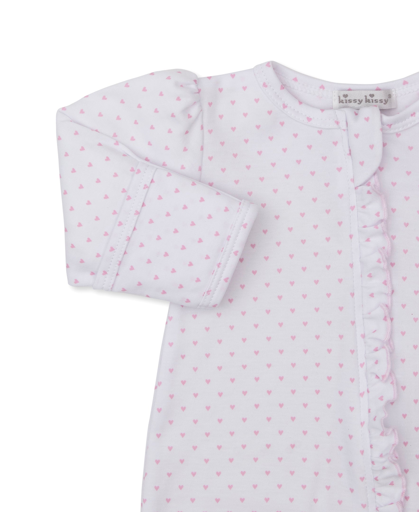 Teddy Bear Love Ruffle Zipper Footie: Light Pink Hearts