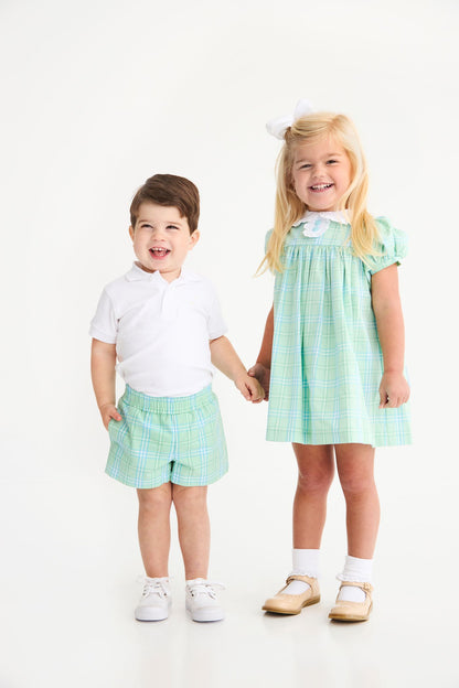 Mary Dal Dress: Pelham Bay Plaid (Green) / Worth Ave White