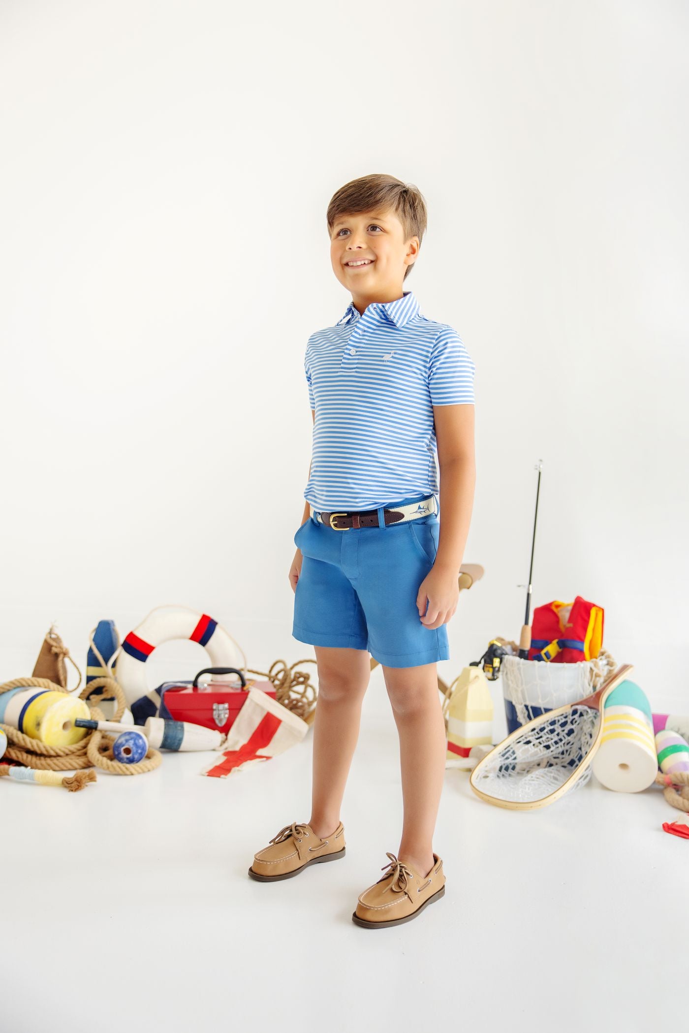 Prepletic SS Prim &amp; Proper Polo: Sunrise Blvd Blue Stripe/Worth Ave White