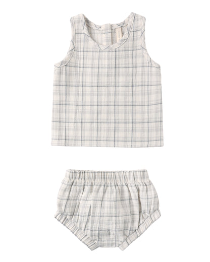 Blue Plaid Woven Tank Set