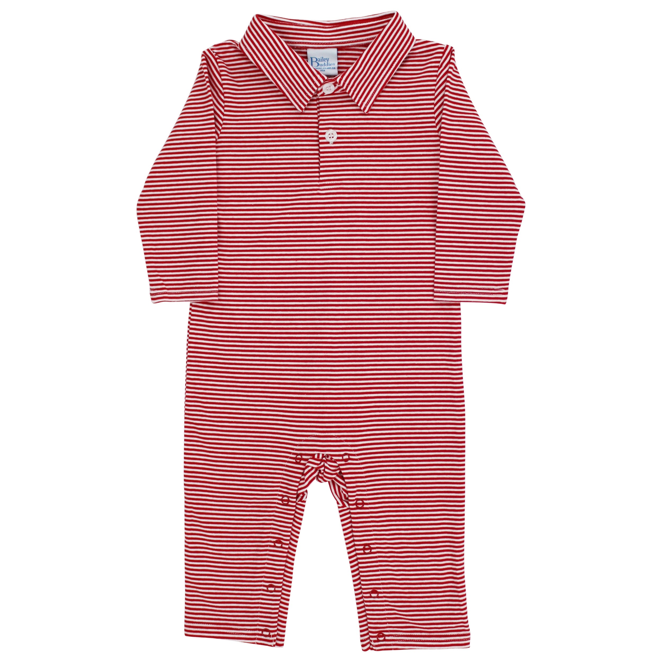 LS Knit Polo Romper: Red/White Stripe