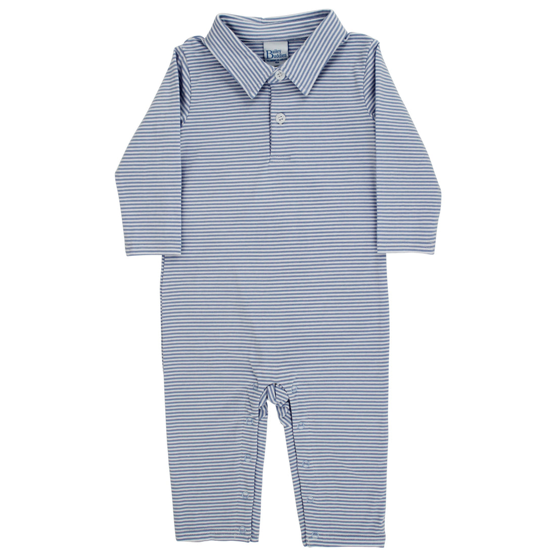 LS Knit Polo Romper: Light Blue/White Stripe