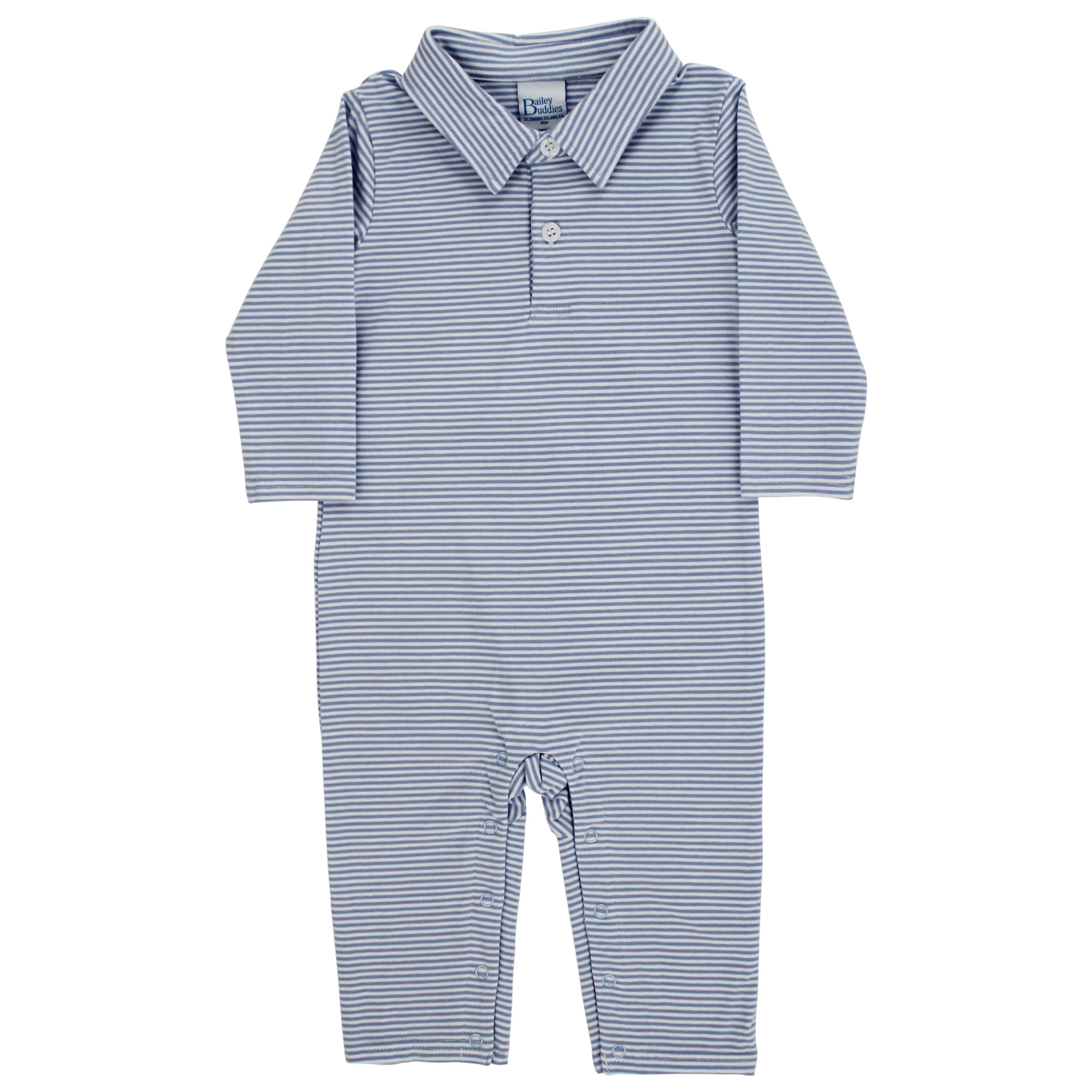 LS Knit Polo Romper: Light Blue/White Stripe