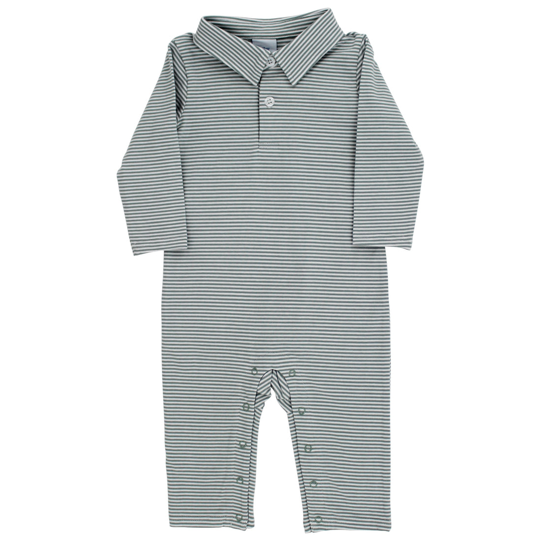 LS Knit Polo Romper: Sage/White Stirpe