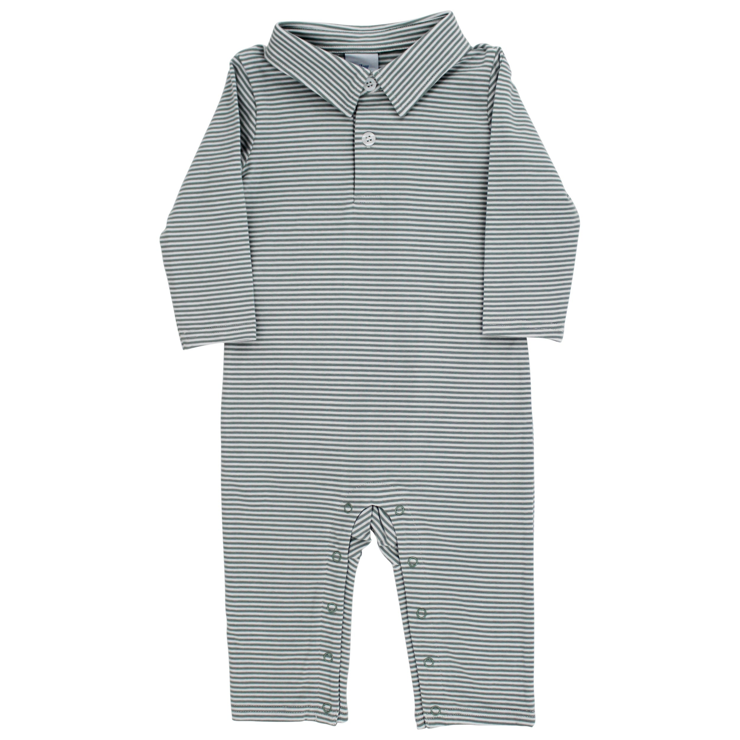 LS Knit Polo Romper: Sage/White Stirpe