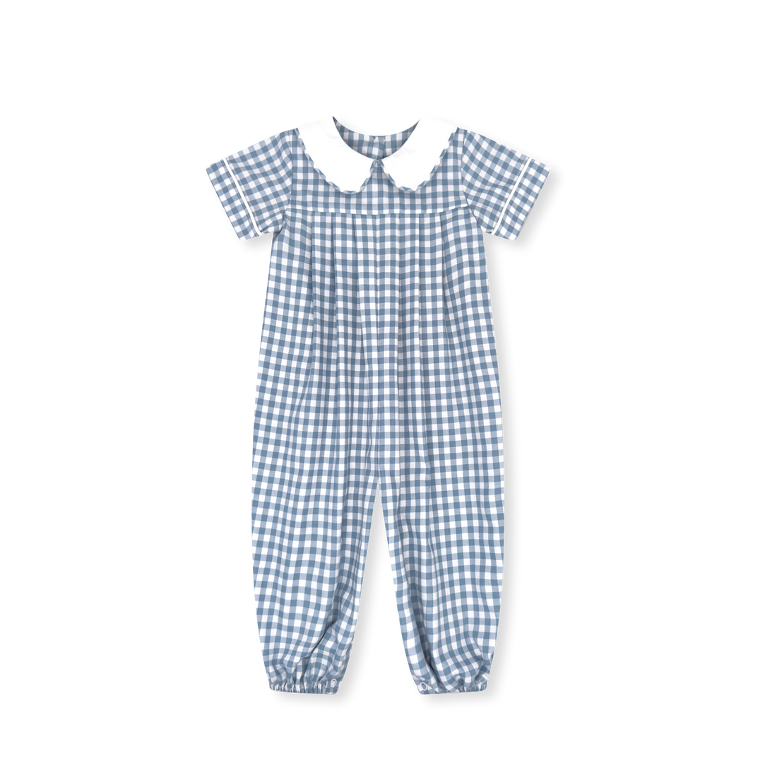 Precious Pleated Romper: Stone Blue Check