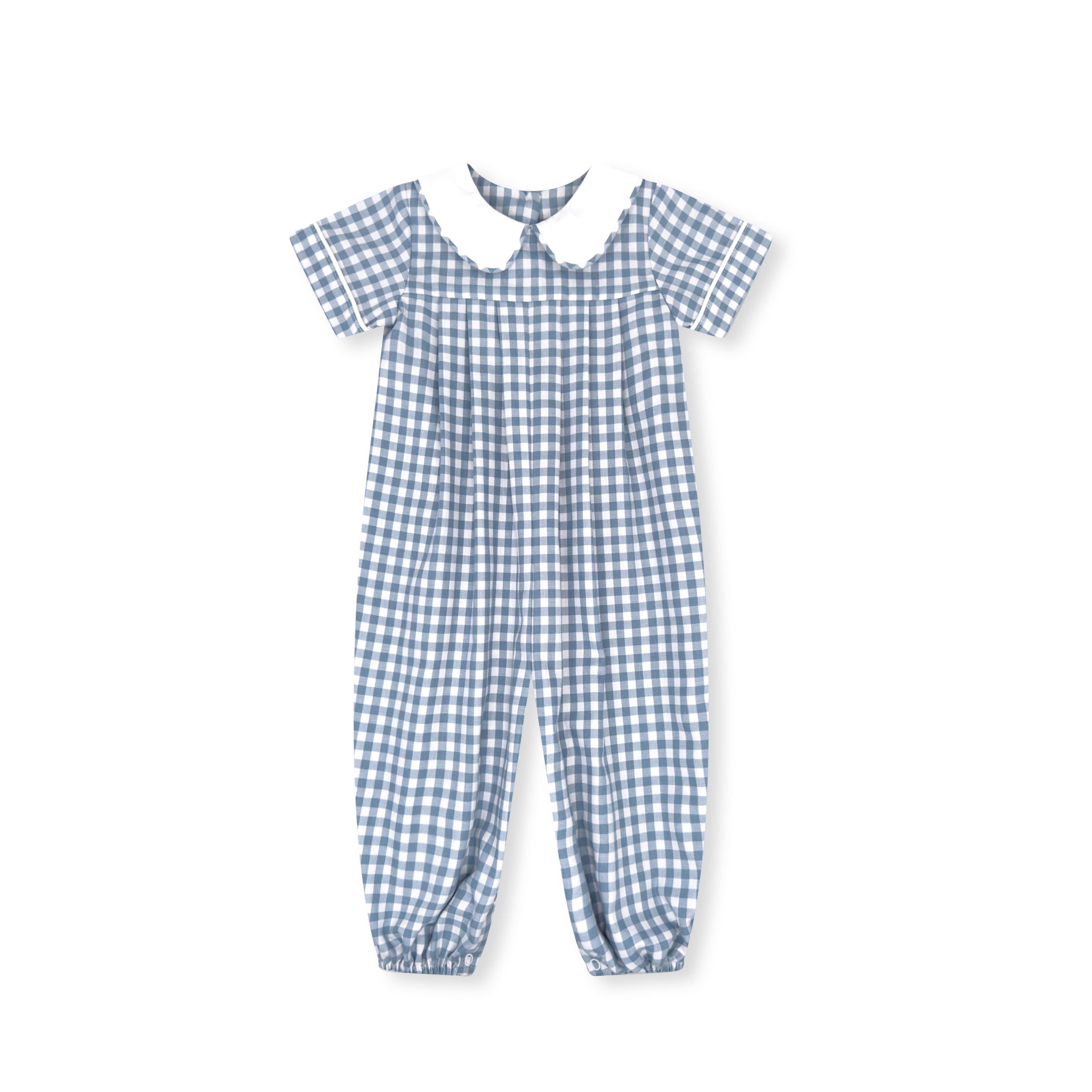 Precious Pleated Romper: Stone Blue Check