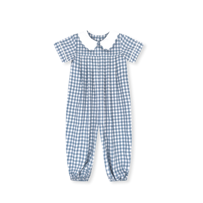 Precious Pleated Romper: Stone Blue Check