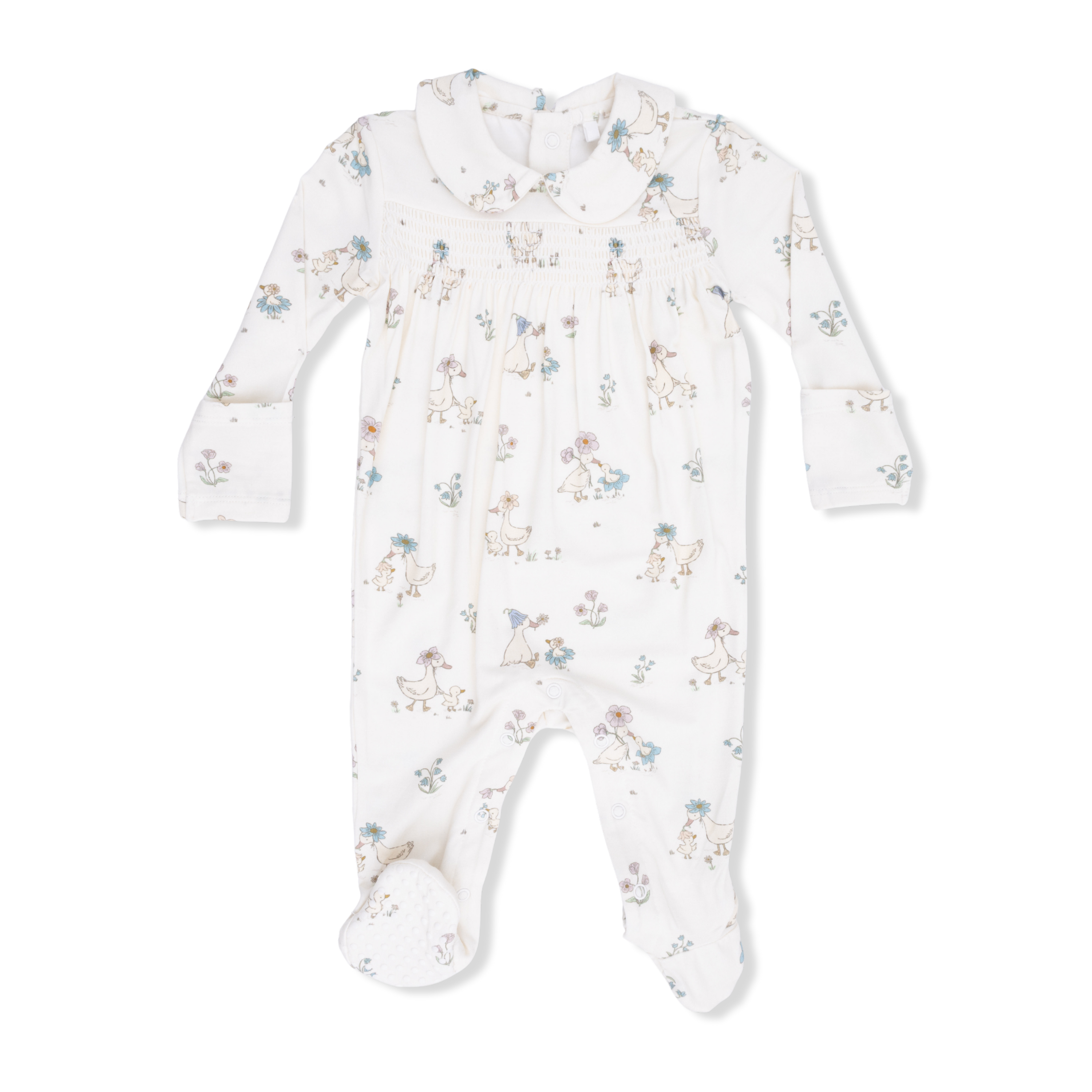 Flower Ducklings Smocked Peter Pan Snap Footie