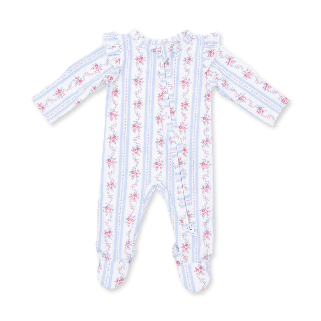 Anna Floral Stripe - 2 Way Ruffle Sleeve Zipper Footie
