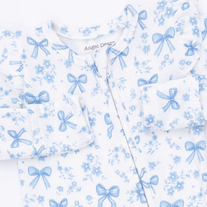 Blue Bows And Flowers 2 Way Ruffle Sleeve Zipper Footie