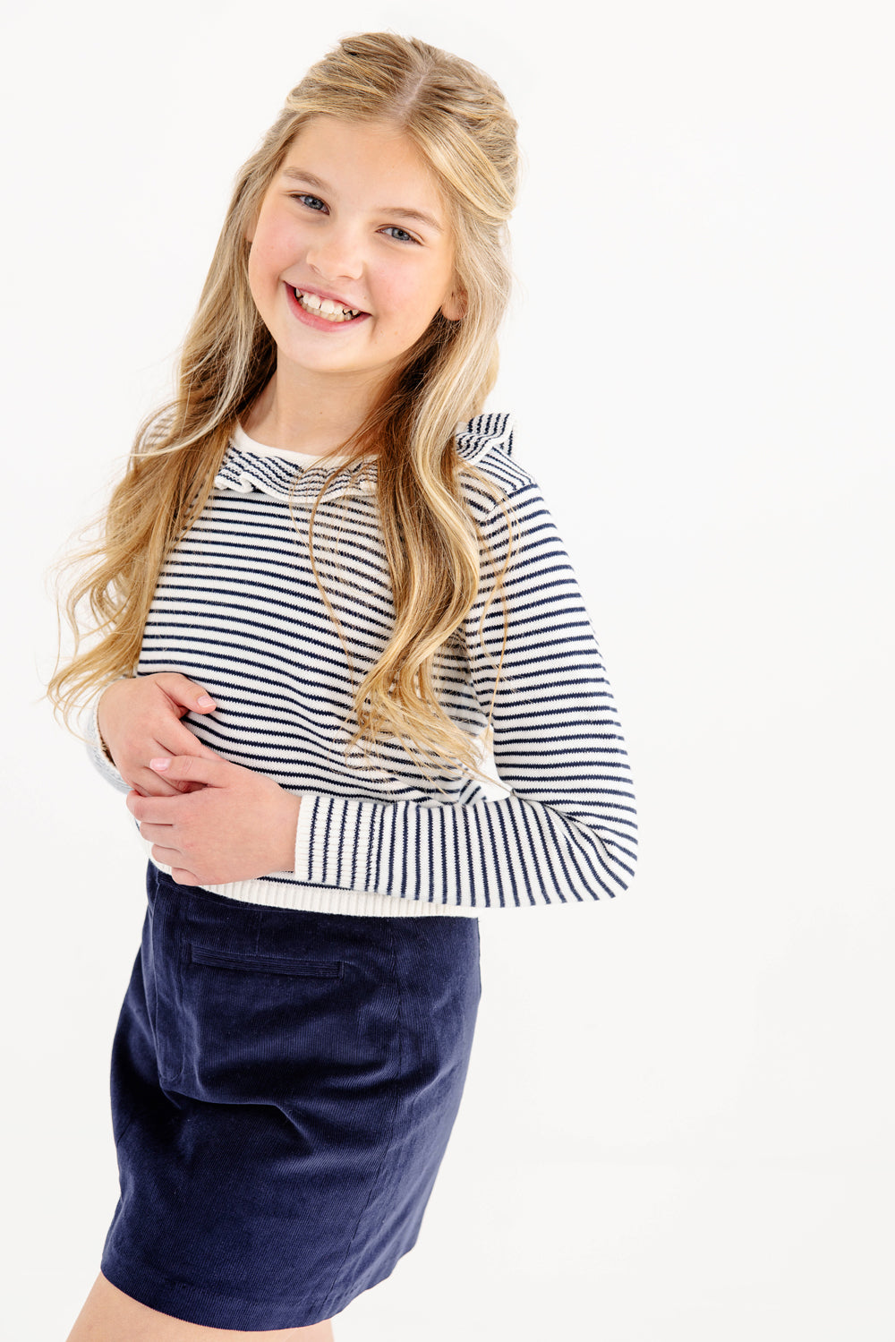 TBBC Reece Ruffle Sweater: Nantucket Navy and Palmetto Pearl Stripe