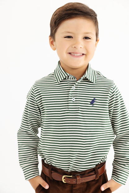 TBBC LS Prim And Proper Polo -pima: Grier Green Palmetto Pearl Stripe/Nantucket Navy