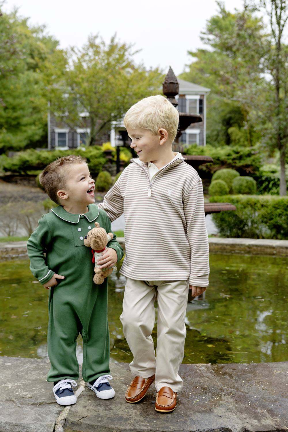 TBBC Long Sleeve Benny Button Romper: Grier Green/Palmetto Pearl