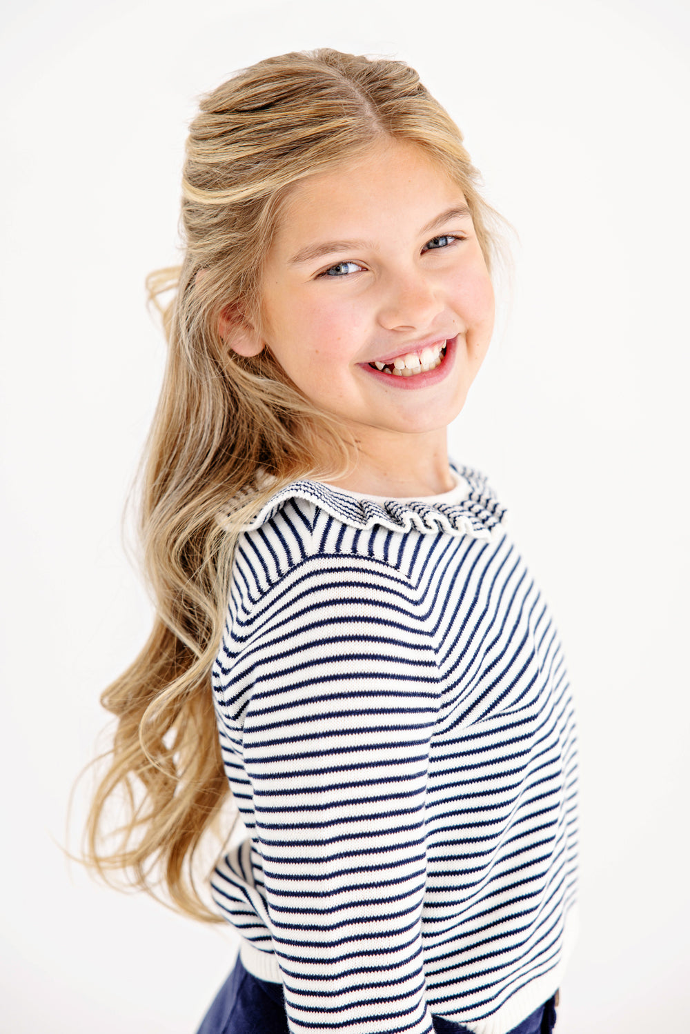 TBBC Reece Ruffle Sweater: Nantucket Navy and Palmetto Pearl Stripe