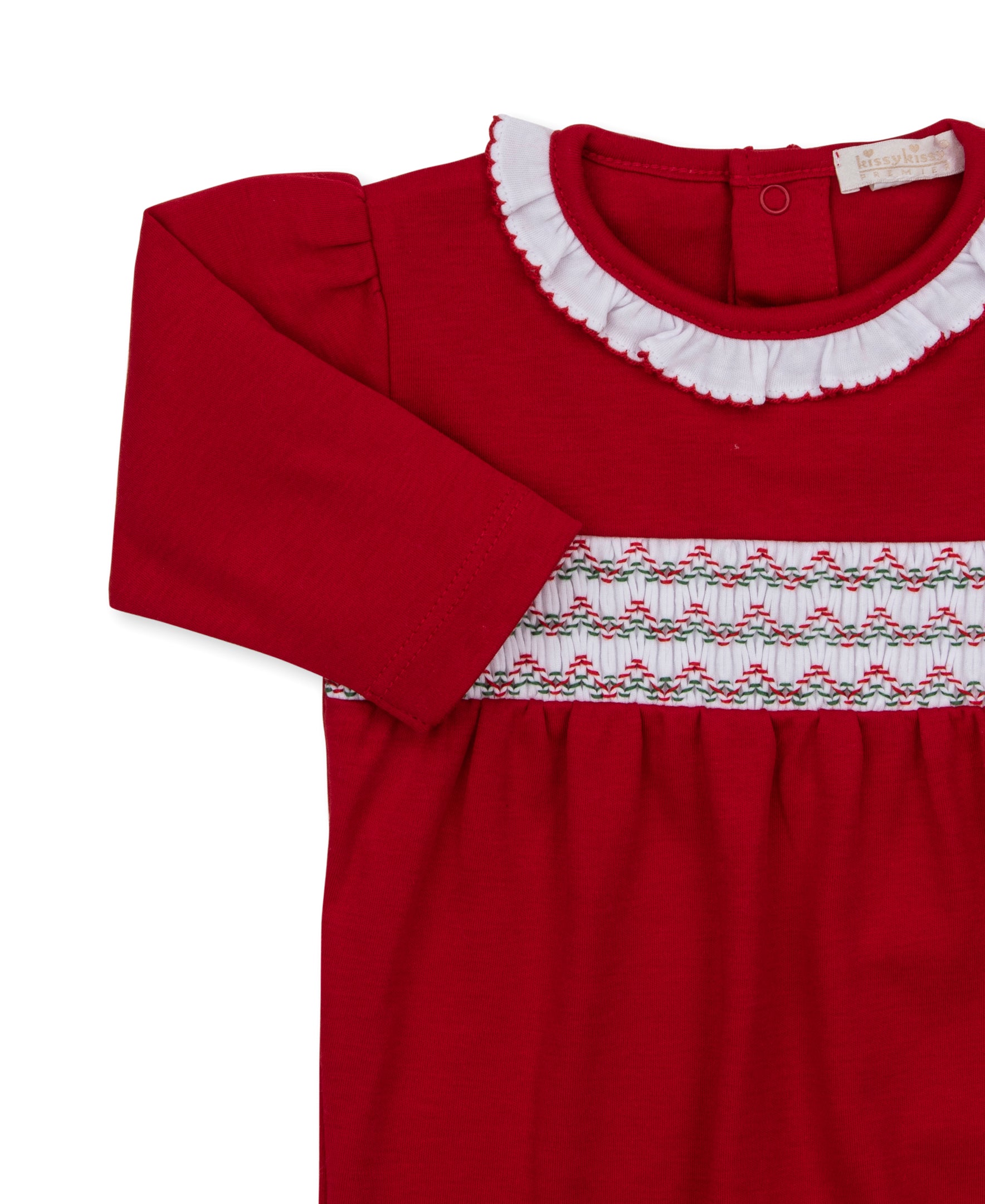 Christmas Red Ruffle Footie with Hand Smocking