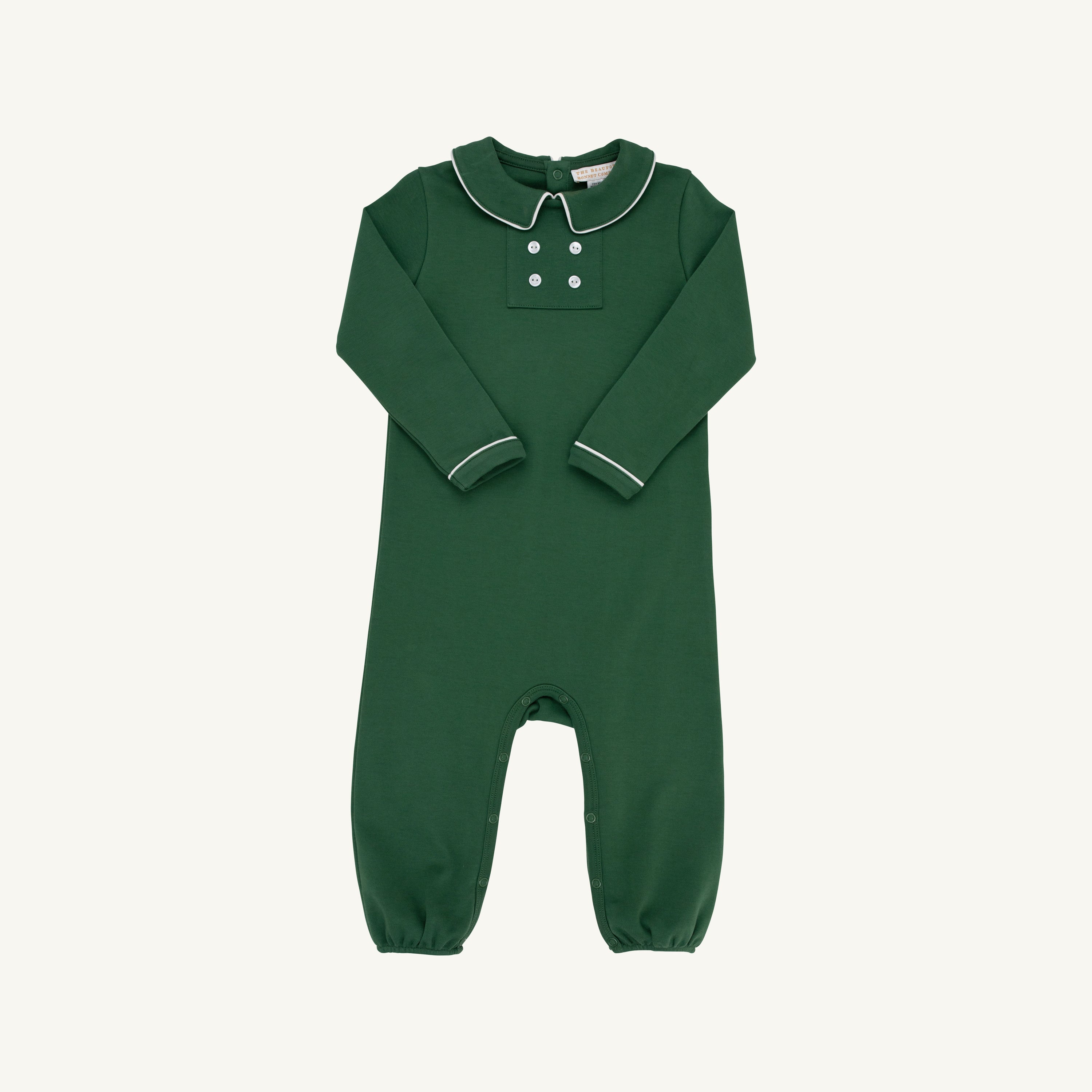 TBBC Long Sleeve Benny Button Romper: Grier Green/Palmetto Pearl