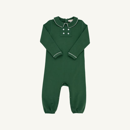 TBBC Long Sleeve Benny Button Romper: Grier Green/Palmetto Pearl