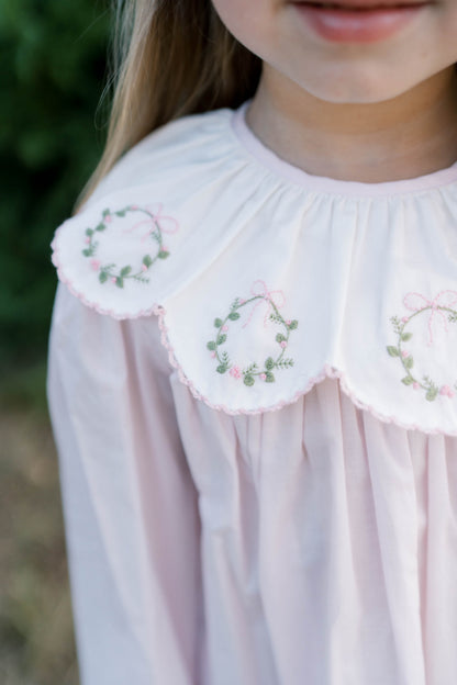 Chloe Dress: Blessings Pink Batiste with Wreath Embroidery