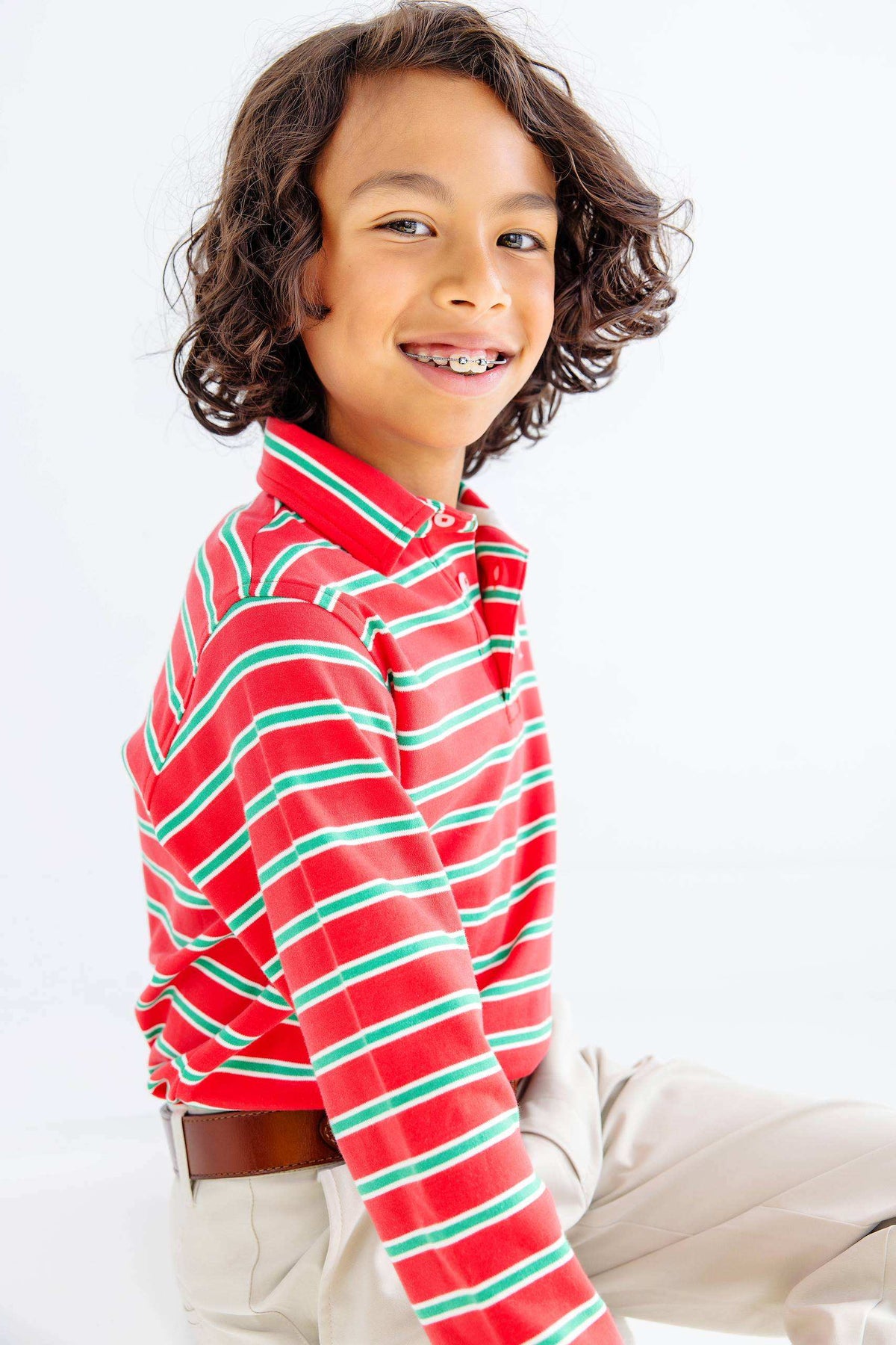 LS Prim And Proper Polo - Pima: Richmond Red Kiawah Kelly Green and Palmetto Pearl Stripe/Palmetto Pearl