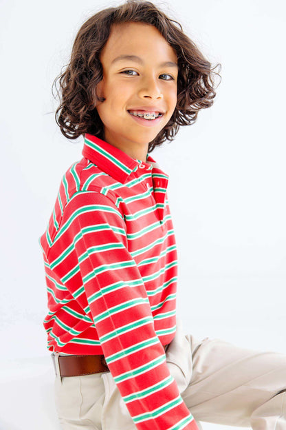 LS Prim And Proper Polo - Pima: Richmond Red Kiawah Kelly Green and Palmetto Pearl Stripe/Palmetto Pearl