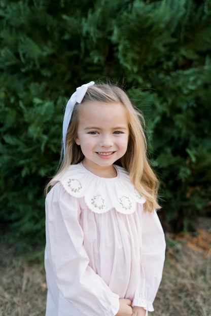 Chloe Dress: Blessings Pink Batiste with Wreath Embroidery
