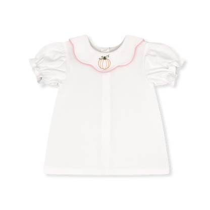 Short Sleeve Scarlett Blouse: White with Pumpkin Embroidery