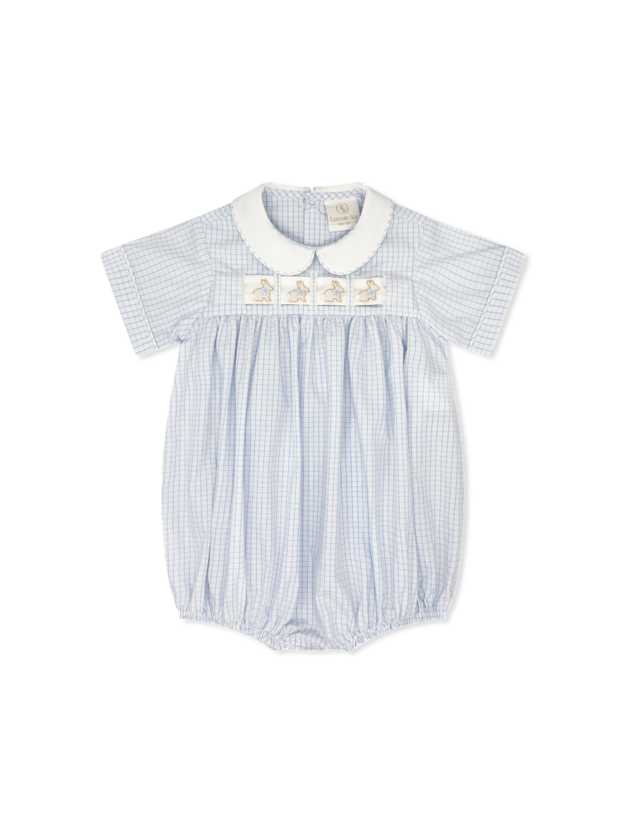 Noah Ribbon Bubble: Classic Blue Windowpane with Hearts/Bunnies/Train Interchangeable Ribbons