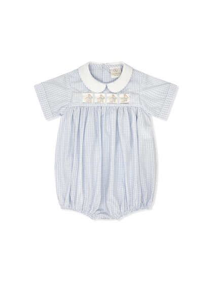 Noah Ribbon Bubble: Classic Blue Windowpane with Hearts/Bunnies/Train Interchangeable Ribbons