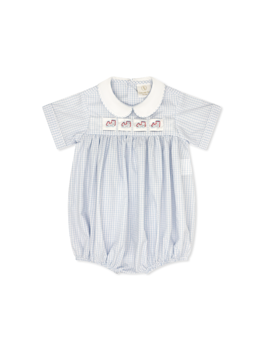 Noah Ribbon Bubble: Classic Blue Windowpane with Hearts/Bunnies/Train Interchangeable Ribbons