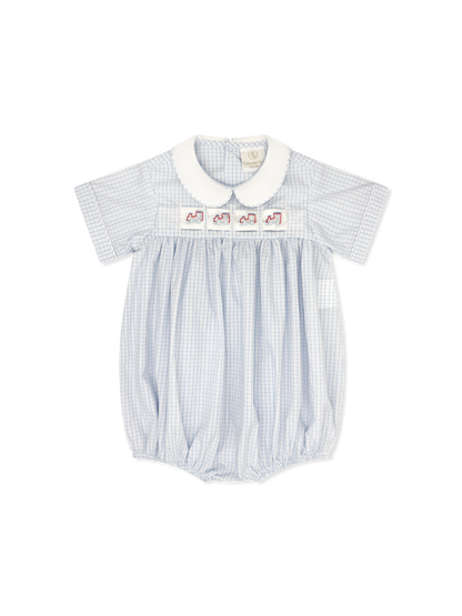 Noah Ribbon Bubble: Classic Blue Windowpane with Hearts/Bunnies/Train Interchangeable Ribbons