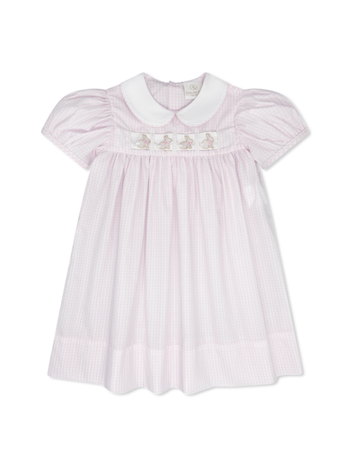Ruth Ribbon Dress: Classic Pink Windowpane with Hearts/Bows/Bunnies Interchangeable Ribbons