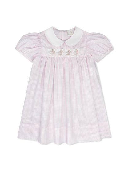 Ruth Ribbon Dress: Classic Pink Windowpane with Hearts/Bows/Bunnies Interchangeable Ribbons