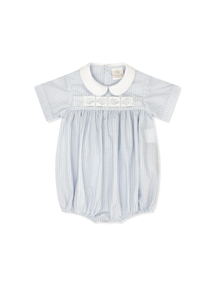 Noah Ribbon Bubble: Classic Blue Windowpane with Hearts/Bunnies/Train Interchangeable Ribbons