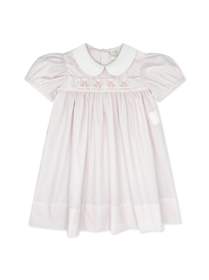 Ruth Ribbon Dress: Classic Pink Windowpane with Hearts/Bows/Bunnies Interchangeable Ribbons