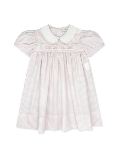 Ruth Ribbon Dress: Classic Pink Windowpane with Hearts/Bows/Bunnies Interchangeable Ribbons