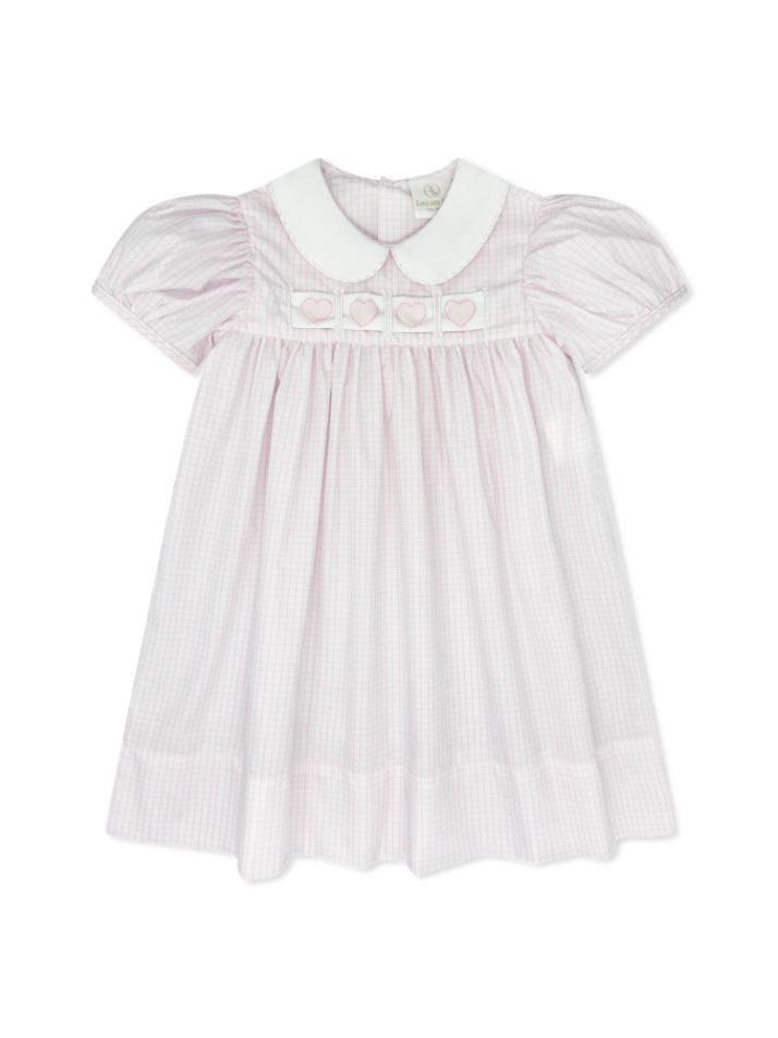 Ruth Ribbon Dress: Classic Pink Windowpane with Hearts/Bows/Bunnies Interchangeable Ribbons