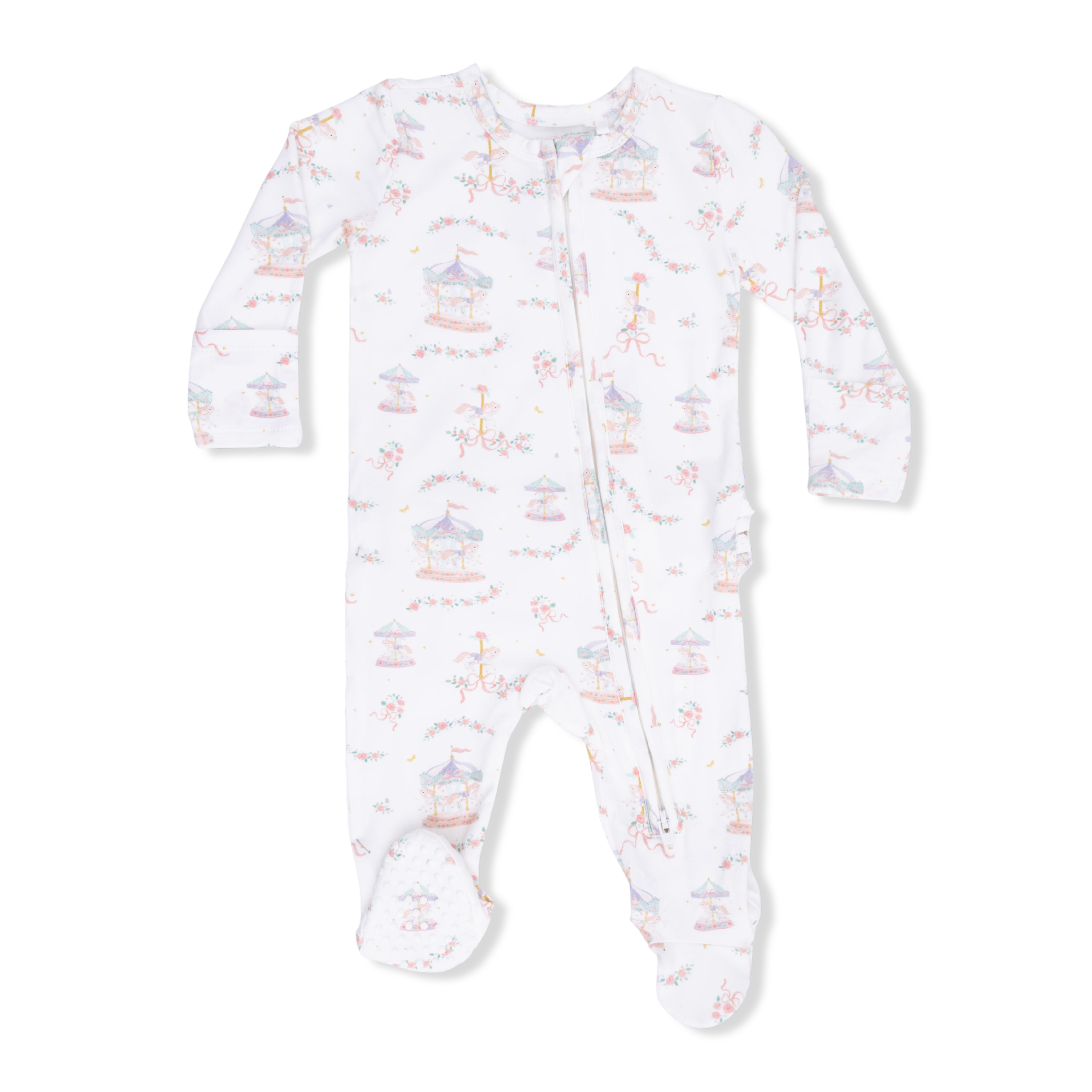 Carousel With Bows 2 Way Ruffle Back Zipper Footie
