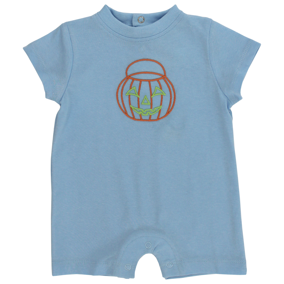 Jack-O-Lantern Embroidered Short Knit Romper: Light Blue