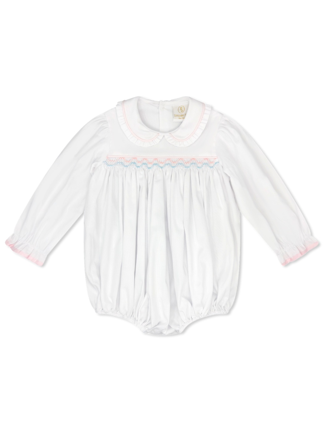 Michelle Bubble: Willow White Pique with Pink &amp; Blue Smocking