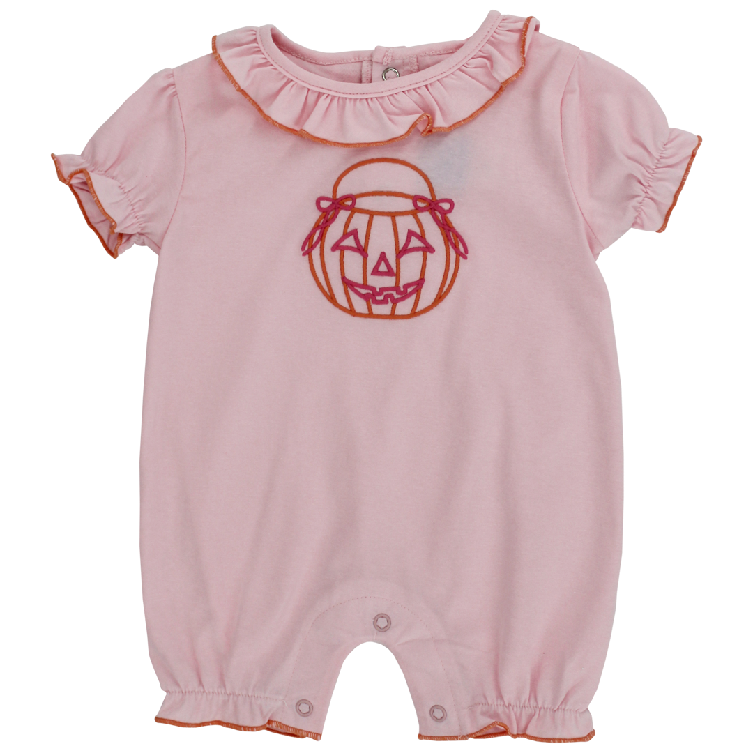 Jack-O-Lantern Embroidered Short Knit Romper: Light Pink
